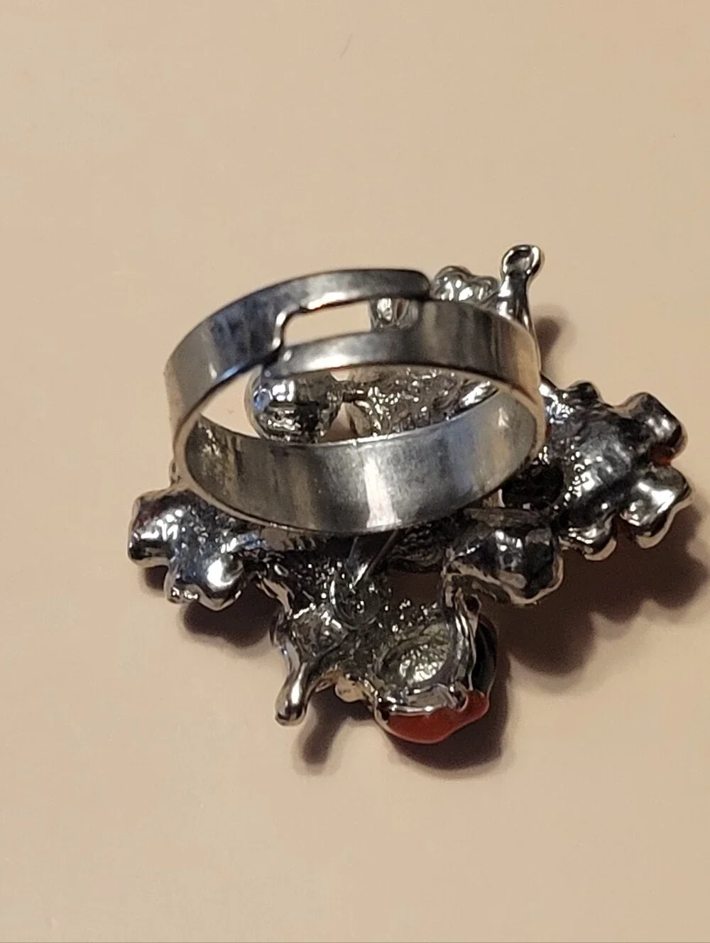 Silver Floral Ring with Green Leaves and Red Ladybug Accent Size 6